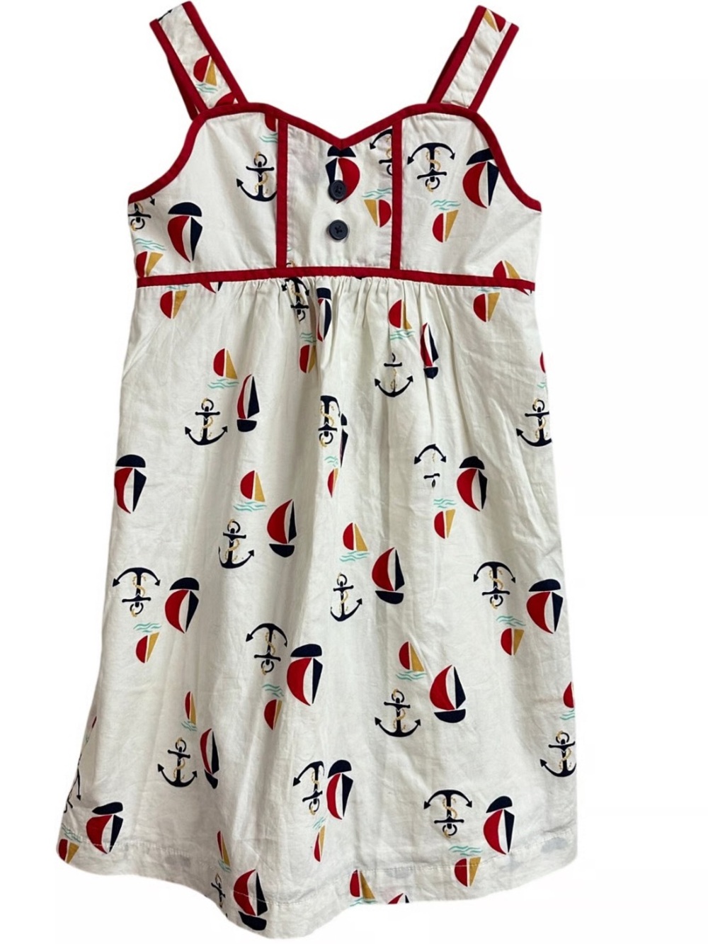 Hanna Andersson Nautical Anchor Sailboat Sundress Red Trim 100% Cotton Size 9/10